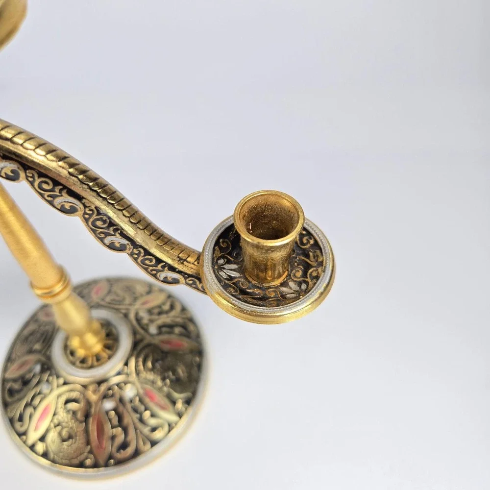 Vintage 10K Gold Gilded‎ 2-Arm Candelabra Russian Indian European Ornate  5.25